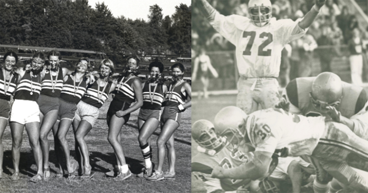 Women's 1980 heavy eight rowing and the 1976 and 1977 Western Mustangs football teams