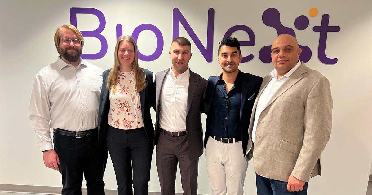 Tenomix mechatronics engineer Jacob Tryon, PhD'23, with cofounders MD and COO Eveline Pasman, CTO Michael Lavdas, president and CEO Saumik Biswas and director Sherif Abdou.