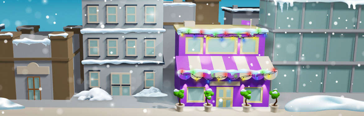 A purple business with holiday lights on the roof and snow falling