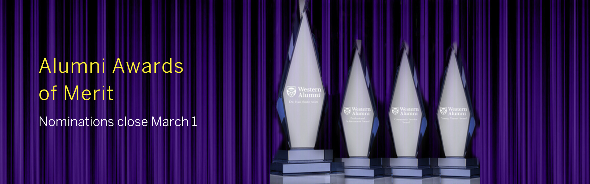 Awards of Merit shown in front of a purple curtain with text 