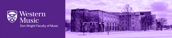 Western Music logo with image of Talbot College building with purple wash colouring